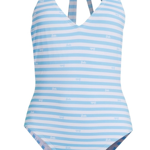 BARBIE Swimsuit Blue + White stripes with Barbie written. Size XL Flattering! - Picture 4 of 4